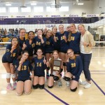 The GMS A team celebrates their conference championship in Thermopolis on Saturday. Front row left to right, Haven Wiggins, Aliina Averett, Paisley Link and Lacy Winkler; back row left to right, Christina Lopez, Joslyn Hunt, Darleh Jara Rios, Peytin Cervantes, Ruby Dalin, Norah Thur, Emily and Audrey Didrickson, and Coach Becky Eichelberger. Photo courtesy of Paul Thur