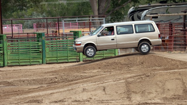 Rex Cooper from Greybull catches air on the first jump of the Tuff Truck course Sunday. Dakoby Bentley