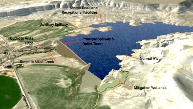 An artist’s conception of the proposed Alkali Creek Dam near Hyattville shows some of the infrastructure needed to complete the project. Wyoming Water Development Office