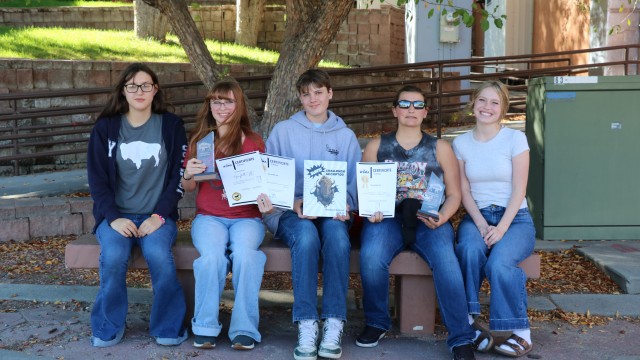 Lexus Morris, Destany Shipet, Max Bentley, Myka Baker and Lilliann Otto pose with their awards from the state yearbook competion in Casper last week. Photo courtesy of Lynnette Forcella